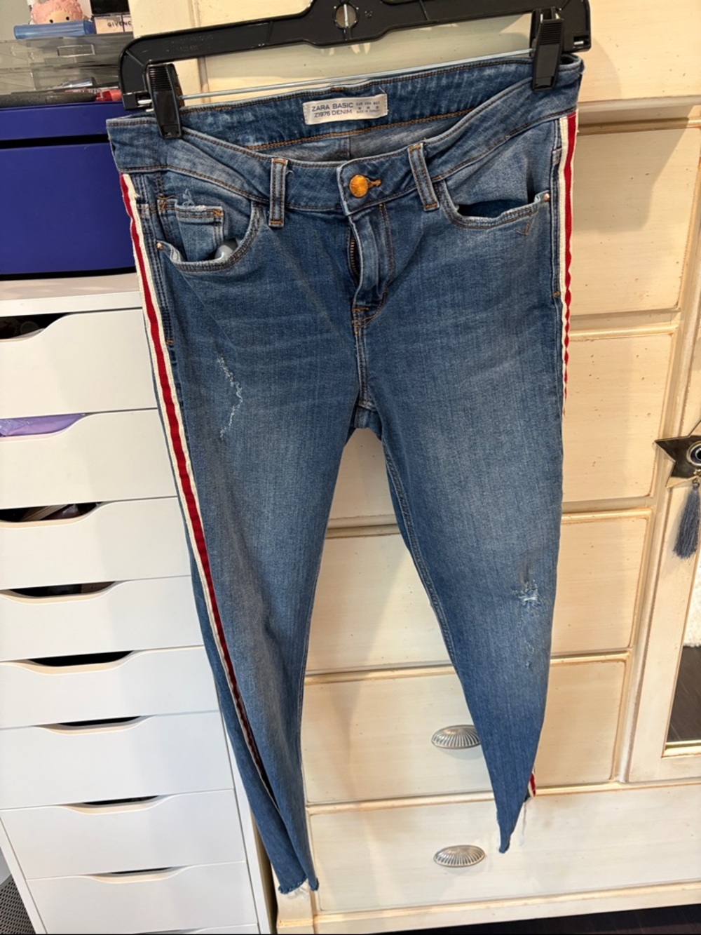 Zara Skinny Blue Denim Jeans with Red and White Side Stripes